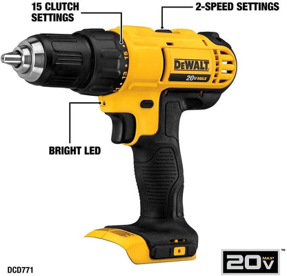 20V Max Cordless Drill Driver Set, 2 Speed, High Performance Motor, Includes 2 XR 1.3Ah Li-Ion Batteries, Charger and Contractor Bag (DCD771C2)