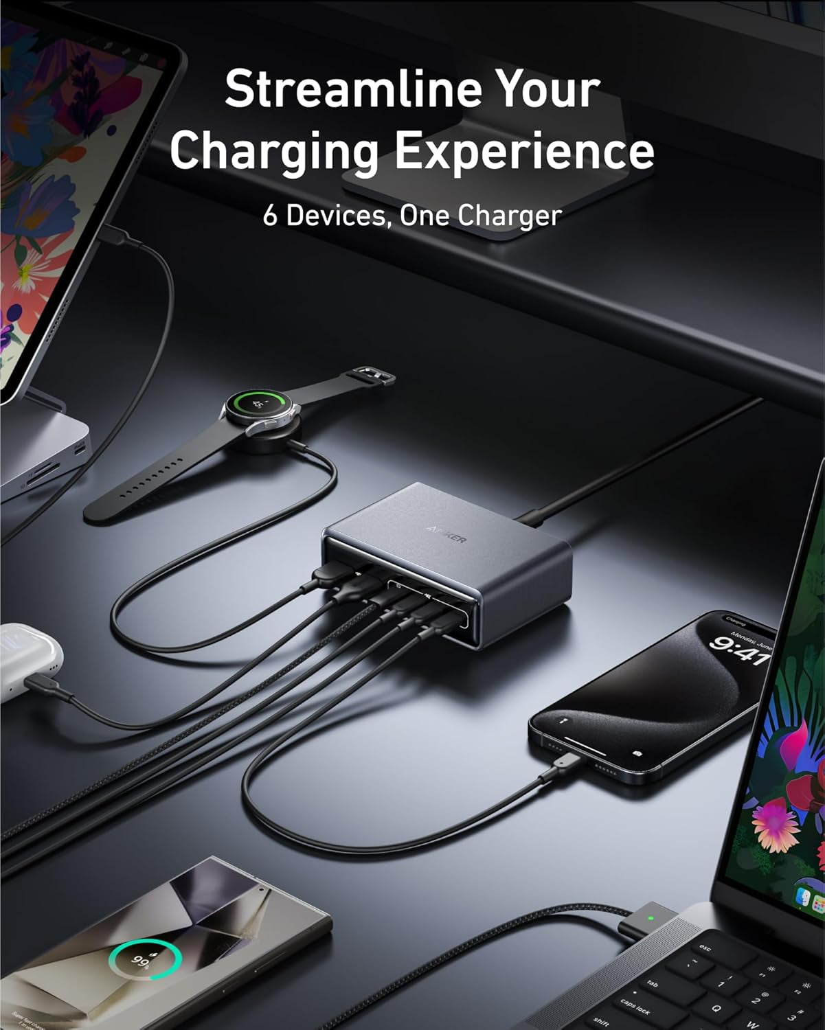 Prime Charging Station, 200W 6-Port Gan Desktop Charger, Fast Charging USB C Charger for Multiple Devices, Compatible with Iphone, Galaxy, Macbook, Dell and More