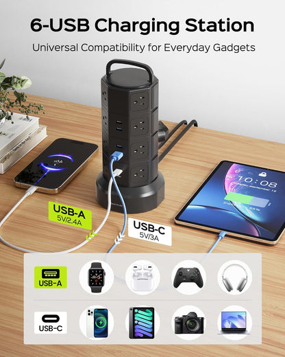 Power Strip Tower Surge Protector,  16 Outlets 6 USB (2 USB C) Charging Station, Extension Cord with Multiple Outlets, 1050J 1625W/13A Outlet Extender 6.5Ft Extension Cord for Home Office
