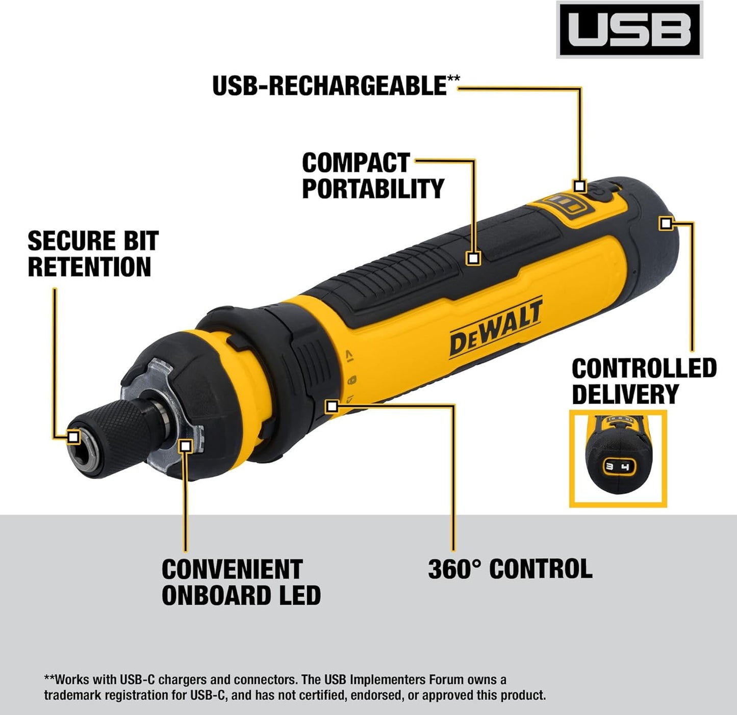 Cordless Screwdriver, 4V USB Rechargeable Electric Screwdriver with 12 Pcs Screwdriver Bit Set, LED Light, FLEXDRIVE Control, Compact, Ergonomic (DWHT66719)
