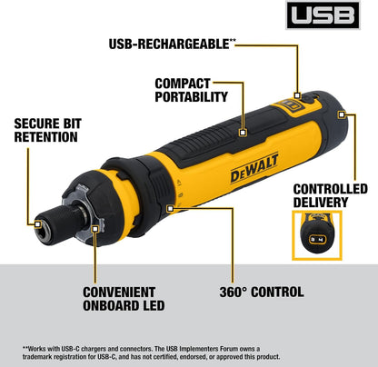 Cordless Screwdriver, 4V USB Rechargeable Electric Screwdriver with 12 Pcs Screwdriver Bit Set, LED Light, FLEXDRIVE Control, Compact, Ergonomic (DWHT66719)