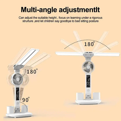 Foldable LED Table Light Eye Protection Multifunction Desk Lamp with Thermometer Calendar Fan Pen Holder Study Reading Fan Light