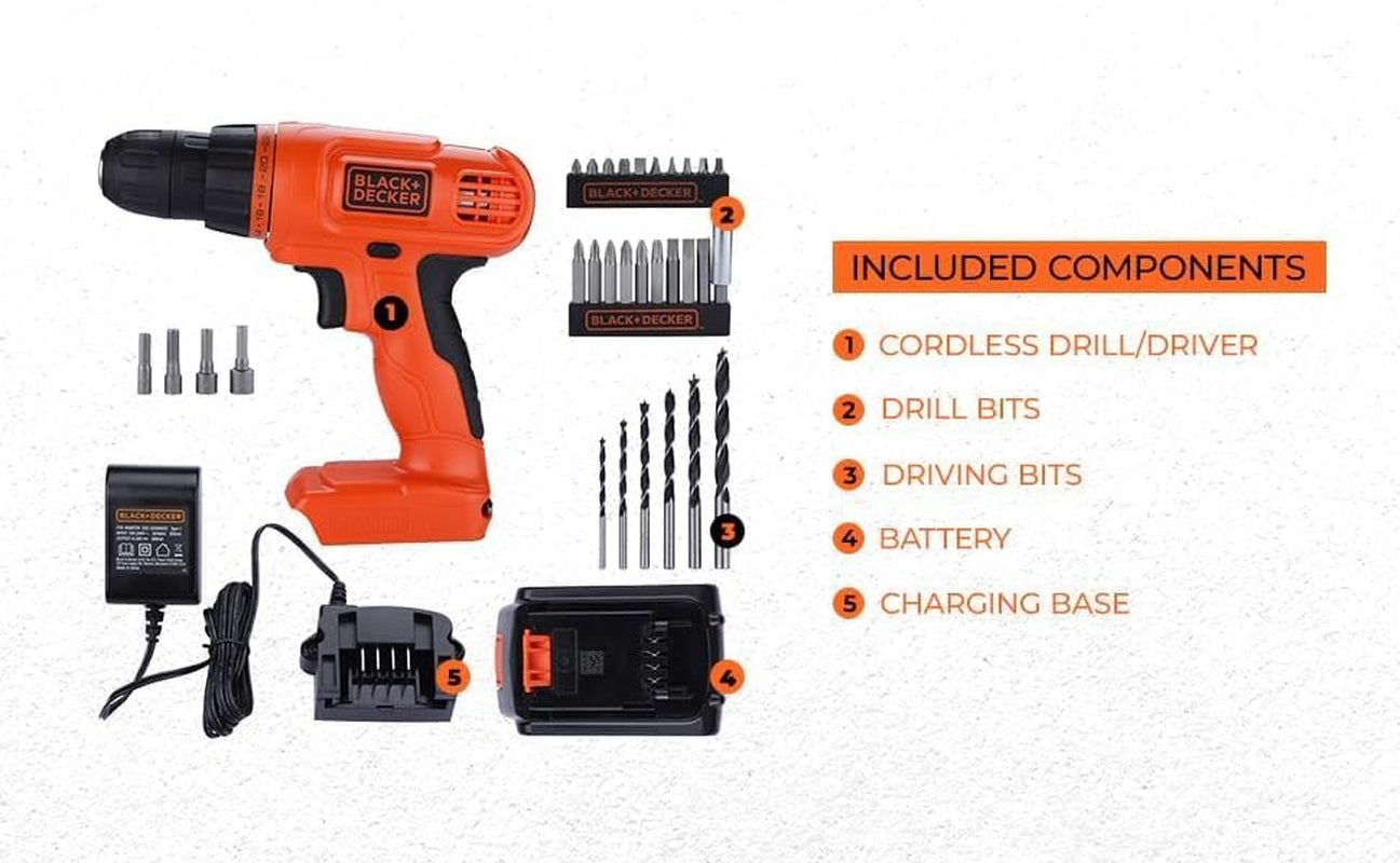 BLACK+DECKER 20V MAX POWERCONNECT Power Drill Cordless Drill Driver Electric Screwdriver with 30 Piece Bit Set, Battery and Charger Included (LD120VA)