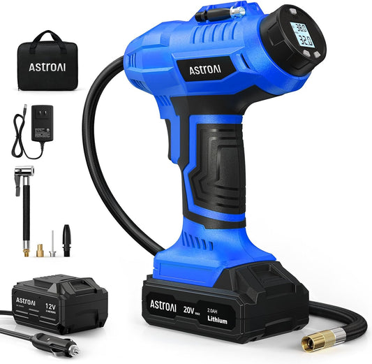 C2 Cordless Tire Inflator Air Compressor 20V Rechargeable Battery Powered 160PSI Portable Handheld Air Pump with 12V Car Power Adapter Digital Pressure Gauge for Cars Motorcycles Blue