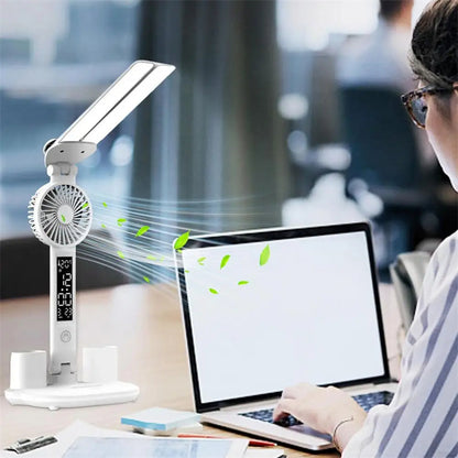 Foldable LED Table Light Eye Protection Multifunction Desk Lamp with Thermometer Calendar Fan Pen Holder Study Reading Fan Light