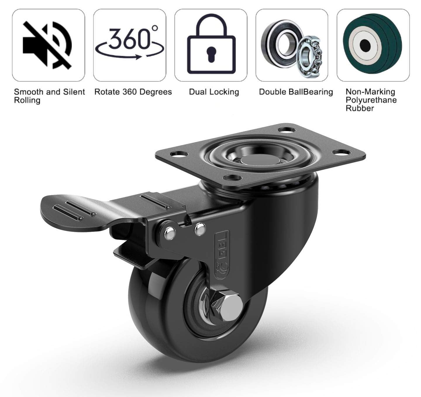 Heavy Duty Castor Wheels Set of 4 with Brakes + Screws - 50Mm - 200 Kg Load - No Floor Marks Caster Wheel for Moving Furniture - Rubbered Swivel Trolley Wheels for Trolley