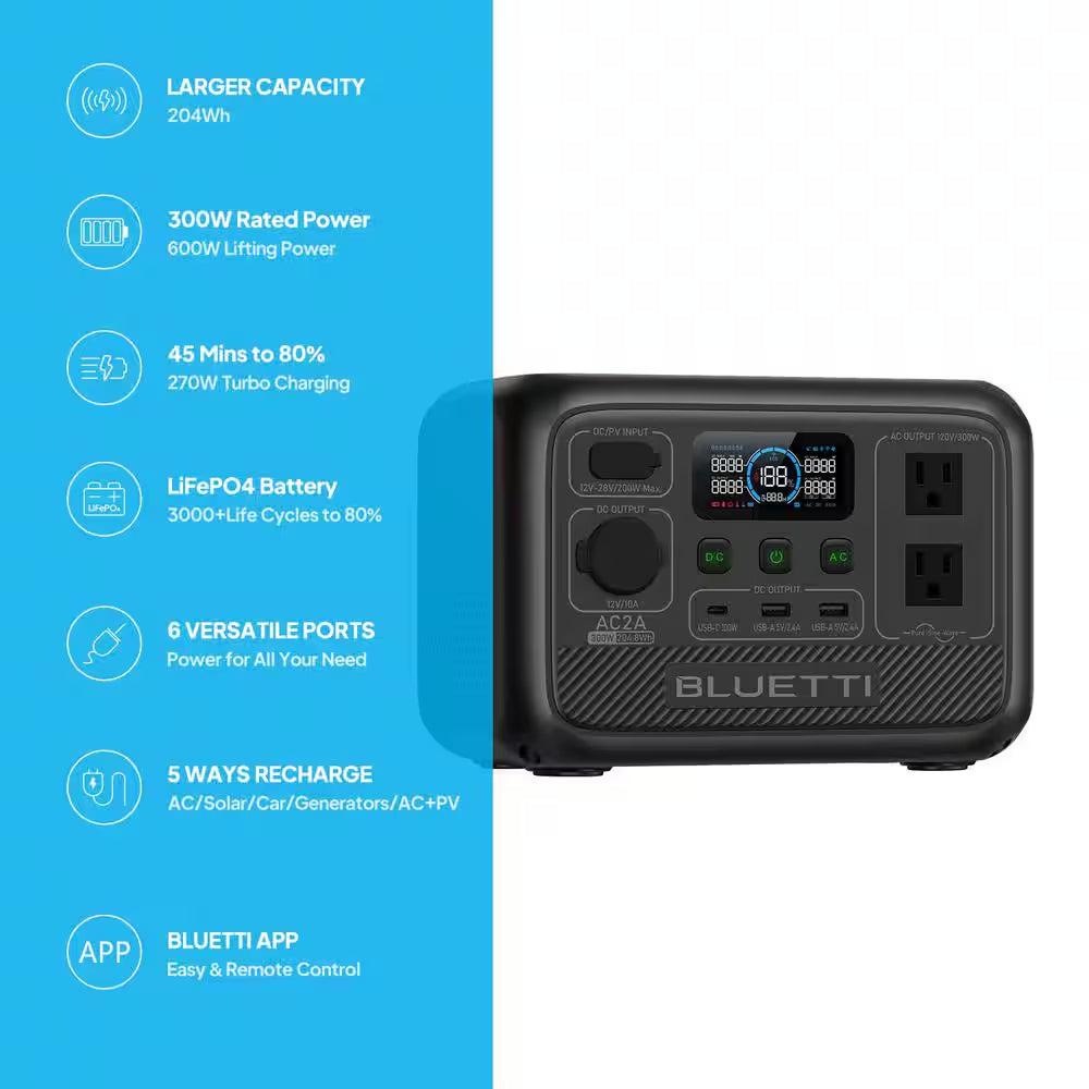 300-Watt Continuous/600W Peak Output Power Station AC2A Push Button Start Lifepo4 Battery Solar Generator for Outdoor