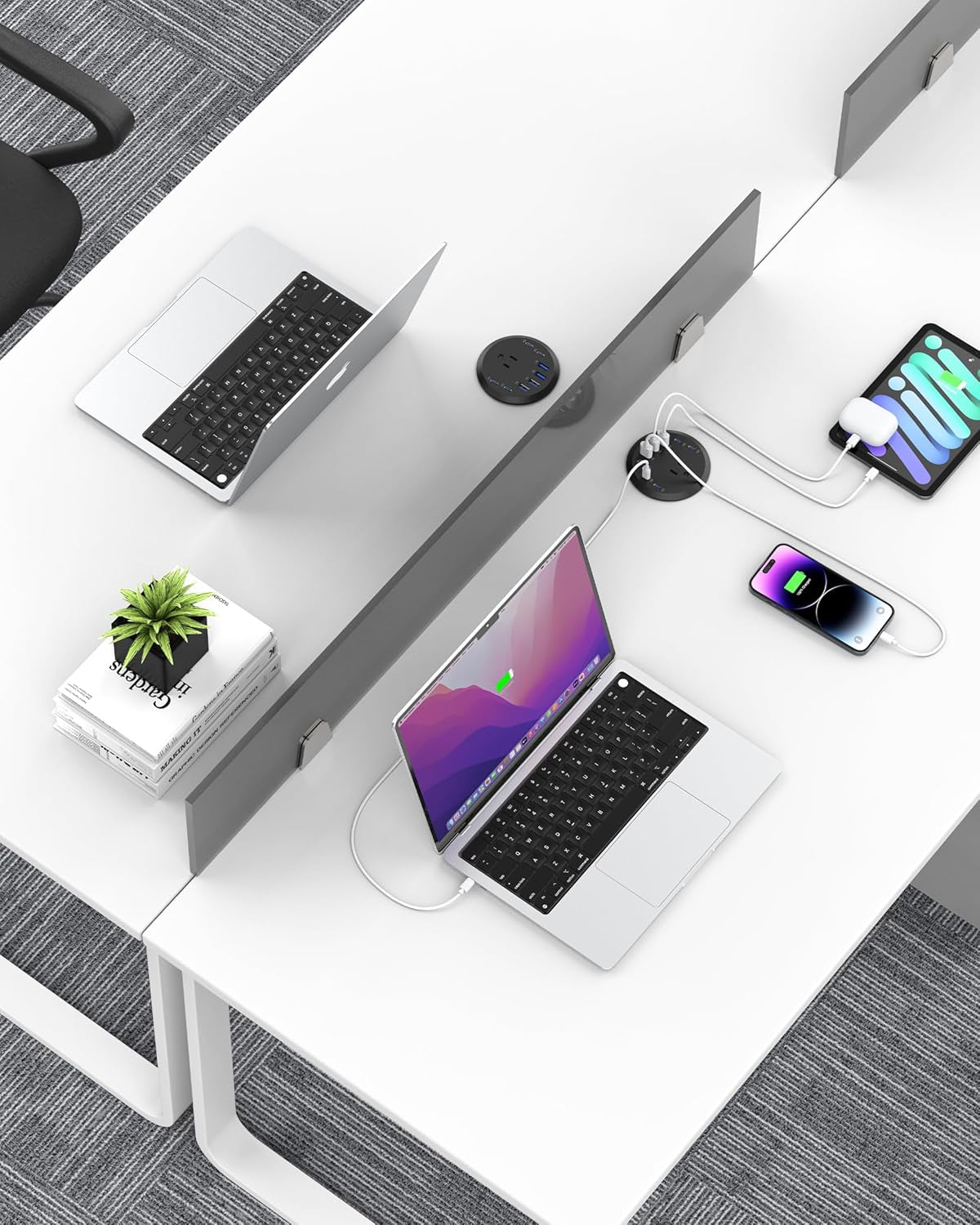 65W USB-C Hidden Desktop Power Grommet: 1 AC Outlet,8 USB Charging Ports,3'' Hole Flush Mount Pop-Up Power for Conference Tables & Nightstands (Black, 6 FT - 2PCS)