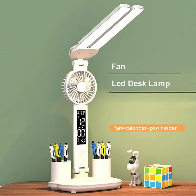 Foldable LED Table Light Eye Protection Multifunction Desk Lamp with Thermometer Calendar Fan Pen Holder Study Reading Fan Light