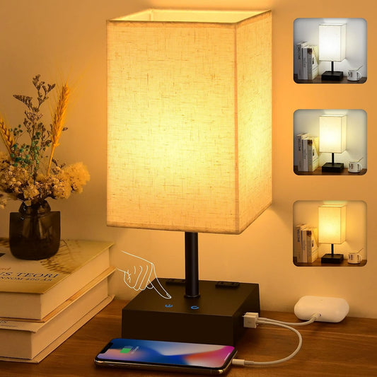 Bedside Lamp, Touch Control Small Lamp for Bedroom, Nightstand Lamp with Charging Station USB C + a Ports, 3 Way Dimmable for Home Living Room, LED Bulb Included, Upgraded Fabric Shade, Cream