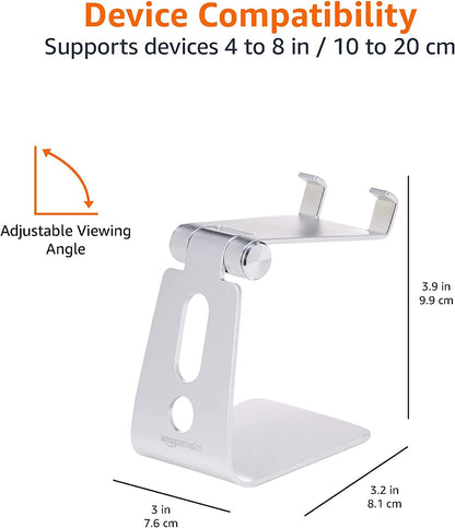 Adjustable Aluminum Phone Stand for Cell Phones, Iphone and Android, Desktop Phone Holder with Adjustable Angle, Hands-Free Viewing, 3.15 X 2.87 X 3.74 Inch, Silver