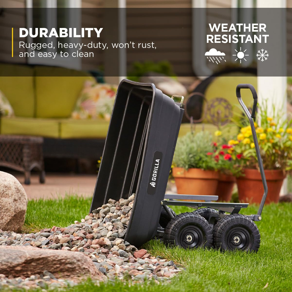 Poly Garden Dump Cart, 4 Cu Ft Tub, 600 Lb Haul Capacity, Black – Heavy-Duty Utility Wagon with Quick-Release Dumping & Pneumatic Tires for Yard, Landscaping and Gardening