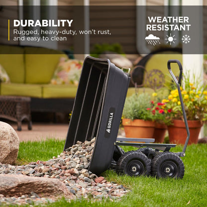 Poly Garden Dump Cart, 4 Cu Ft Tub, 600 Lb Haul Capacity, Black – Heavy-Duty Utility Wagon with Quick-Release Dumping & Pneumatic Tires for Yard, Landscaping and Gardening