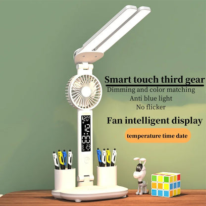 Foldable LED Table Light Eye Protection Multifunction Desk Lamp with Thermometer Calendar Fan Pen Holder Study Reading Fan Light
