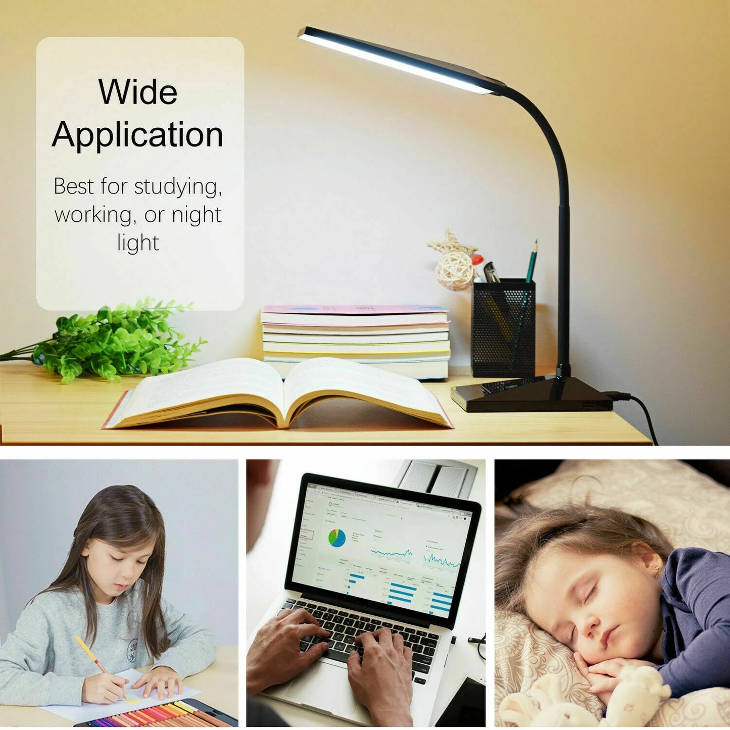 Dimmable LED Desk Lamp with USB Charge Port Touch Control Eye-Caring Adjustable Memory Function Table Lamp for Home Office Bedroom Nightstand-Black